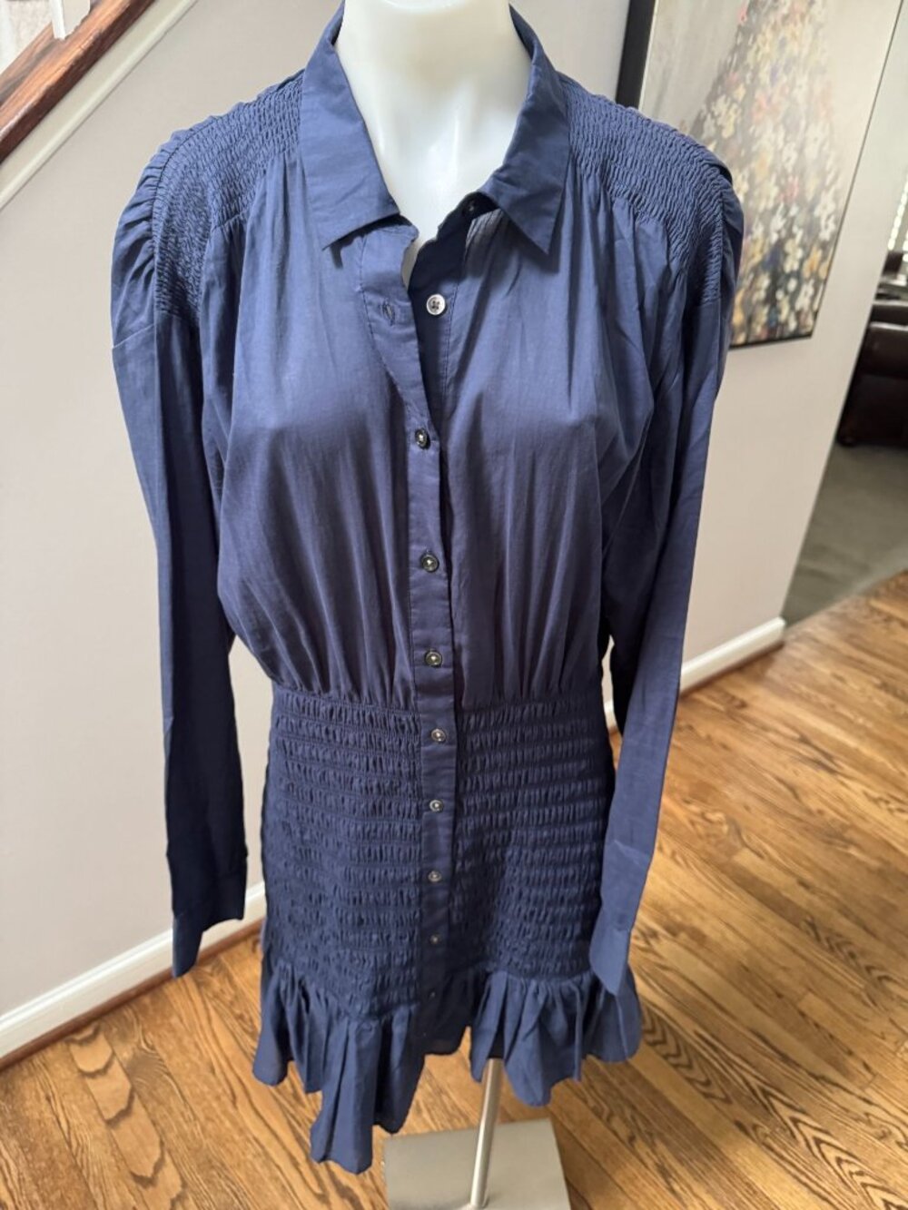 Veronica Beard Newport Mini Dress Navy Blue Shirred Cotton Size 10